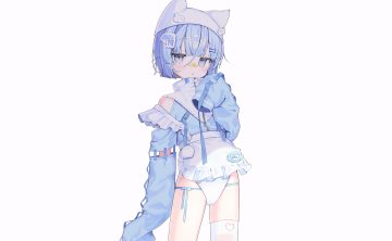 animal ears apron bandaid blue eyes blue hair blush hat koyubita leotard loli original short hair signed thighhighs third-party edit white
