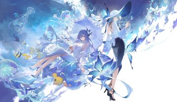 2girls animal animal ears aqua eyes ass butterfly cantarella (wuthering waves) choker dress fish flowers hat long hair modare purple eyes purple hair shorekeeper (wuthering waves) tattoo third-party edit umbrella wuthering waves