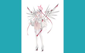 breasts cameltoe cleavage drake (nikke) goddess of victory: nikke gun halo leotard navel ohisashiburi red eyes short hair thighhighs third-party edit weapon white white hair wings