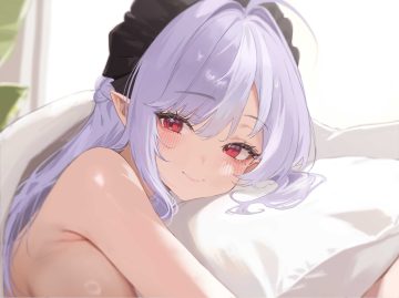 bed blush braids breasts clouds headdress long hair pointed ears purple hair red eyes sihana156 topless vivian banshee zenless zone zero