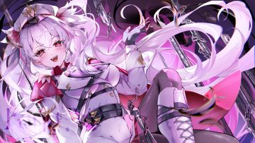 blush boots cape chain dress fangwan gloves hat long hair military pantyhose red eyes scarlet lillian twintails watermark white hair