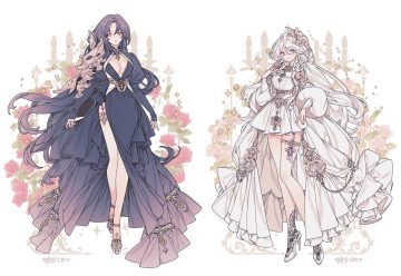 2girls black hair blue eyes breasts cleavage dress flowers garter lemon89h long hair original rose scar signed white white hair yellow eyes