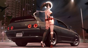 animal ass bird blue eyes brown hair building car city gloves jpeg artifacts kazama levi kcar66t leotard long hair night ponytail scarf skirt sky thighhighs trinity seven
