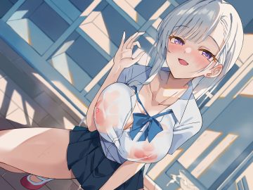 blush bow cum gray hair long hair nipples no bra original purple eyes school uniform see through shirt skirt unacchi (nyusankin)