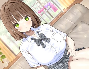 blush brown hair couch green eyes mizukoshi (marumi) original school uniform shirt short hair skirt skirt lift