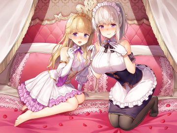 2girls bed blonde hair blush breasts cleavage dress elbow gloves gloves headdress kibanda gohan long hair maid original pantyhose petals ponytail purple eyes tiara