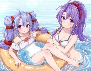 barefoot bikini blush comodomodo fire emblem loli long hair ponytail purple eyes purple hair swim ring swimsuit tailtiu (fire emblem) tine (fire emblem) twintails