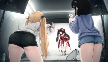 black hair blue eyes camera comodomodo cosplay dress faeryn (comodox) gloves honkai (series) honkai: star rail japanese clothes loli long hair lulla (comodox) mask miu (comodox) original phone pink eyes shirt short hair shorts signed twintails water