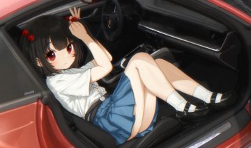 black hair blush car comodomodo loli lulla (comodox) original red eyes school uniform shirt short hair signed skirt socks
