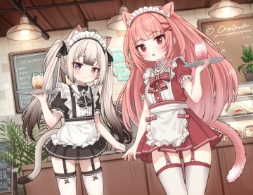 animal ears bicolored eyes blush catgirl coco (comodox) comodomodo drink fang garter belt gray hair headband loli long hair maid nono (comodox) original pink eyes pink hair signed tail thighhighs waitress zettai ryouiki