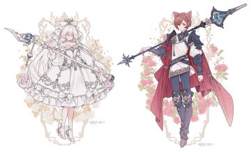 animal ears armor bow brown hair cape choker crown dress flowers gray eyes lemon89h long hair male original red eyes rose short hair signed spear staff weapon white white hair