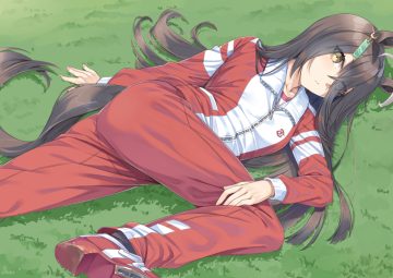 animal ears anthropomorphism ass black hair grass gym uniform long hair manhattan cafe miri (ago550421) sport spread legs tail uma musume: pretty derby yellow eyes
