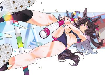 animal ears anthropomorphism black hair bloomers headband kneehighs long hair pink eyes rice shower (umamusume) sarcophage sport sports bra tail uma musume: pretty derby wet