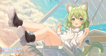 animal animal ears blush boots building cat catgirl cat smile cloneko (zelmeledf2) clouds fang green eyes green hair hood loli original signed sky tail