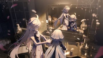 2girls 3d bicolored eyes blue eyes dress flat chest focalors (genshin impact) furina (genshin impact) genshin impact long hair mirror reflection shibajun white hair