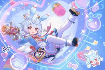 apron blue hair bow bubbles genshin impact gloves gun headdress heart issign nurse pantyhose pink eyes ribbons short hair shorts sigewinne (genshin impact) twintails watermark weapon wings