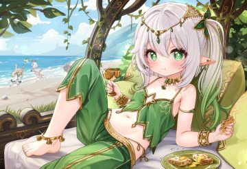 ball barefoot beach bed bell blonde hair blush choker clouds comodomodo food genshin impact gray hair green eyes halo headdress leaves loli long hair nahida (genshin impact) navel paimon (genshin impact) pointed ears ponytail short hair shorts signed sky tagme (character) water wristwear