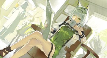 amiya (arknights) animal ears arknights blue eyes brown hair bunny ears bunnygirl catgirl doctor (arknights) dress drink food gray hair green eyes hood kal'tsit (arknights) mask pantyhose paper short hair user fzpv2574