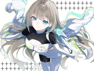 aliasing aqua eyes breasts brown hair cape cleavage close hanabusa lisa kairi (miry666) long hair pantyhose skirt vspo! white
