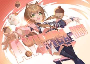 animal ears ayunda risu blush brown hair fang green eyes hololive long hair skirt tail thighhighs twintails wristwear zetsuental