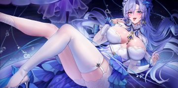 blush breasts cantarella (wuthering waves) dress dylanlin garter belt long hair no bra purple eyes purple hair stockings tattoo wuthering waves