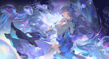 breasts cantarella (wuthering waves) cleavage dress garter belt headdress long hair purple eyes purple hair stockings tattoo umbrella wuthering waves yunouou10