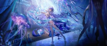 breasts cantarella (wuthering waves) cleavage dress garter belt headdress long hair p99 (1shtar) purple eyes purple hair stockings tattoo water wuthering waves