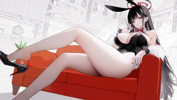 animal ears black hair blue archive breasts bunny ears bunnygirl cleavage couch halo leotard long hair omone hokoma agm red eyes tsukatsuki rio