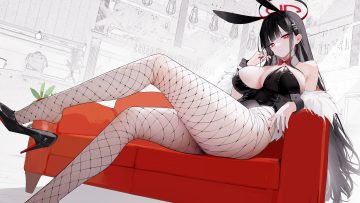 animal ears black hair blue archive breasts bunny ears bunnygirl cleavage couch halo leotard long hair omone hokoma agm red eyes tsukatsuki rio