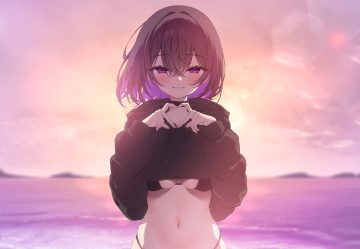 beach bikini black hair blush breasts choker clouds hood namagome negi navel original purple eyes rukawa-chan (namagome negi) short hair sky swimsuit water