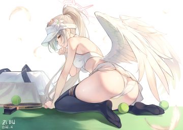 ass ball bld zi blue archive brown eyes brown hair feathers halo hat kirifuji nagisa long hair panties ponytail signed skirt skirt lift sport tennis thighhighs underwear white wings