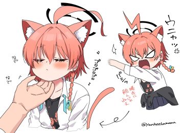 animal ears blue archive blush braids catgirl fang halo mikamo neru pink hair school uniform shigeta (yankeehamama) shirt short hair signed skirt tail translation request white
