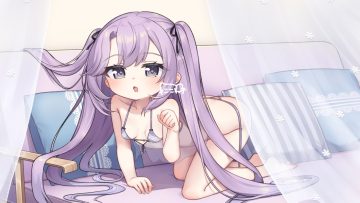 barefoot bikini breasts couch gray eyes kokone (coconeeeco) loli long hair original purple hair signed swimsuit twintails