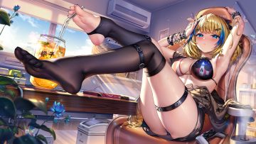 barefoot bed bikini blonde hair blue eyes blush book breasts building chocolate cleavage clouds collar drink flowers food fruit game console garter petals sannio short hair skirt sky stasi-bluttoten swimsuit thighhighs torn clothes wristwear