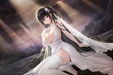 anthropomorphism azur lane black hair breast hold breasts cleavage clouds dress garter belt headdress long hair necklace plus1024 ponytail red eyes sky stockings taihou (azur lane) wristwear
