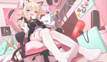 aliasing animal ears blonde hair blue eyes blush computer domado drink fang leotard loli long hair microphone music original pointed ears tail thighhighs twintails