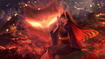black hair cat smile demon fang fire flowers horns japanese clothes kimono long hair magic mask nap on a cloud night original red red eyes tree