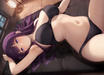 bed bra breasts cleavage fern (sousou no frieren) kimoshi long hair navel panties purple eyes purple hair sousou no frieren underwear