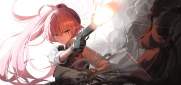 armor bicolored eyes blue archive gloves gun halo long hair pink hair shirt tagua takanashi hoshino weapon