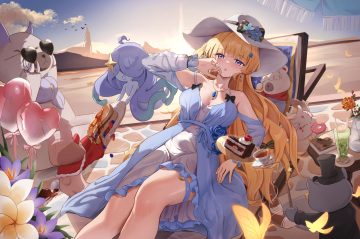 blonde hair blush book bow breasts butterfly cake cherry cleavage clouds dress drink flowers food fruit garter hat long hair necklace pharmarr phoebe (wuthering waves) purple eyes rose see through sky strawberry summer dress sunglasses umbrella wuthering waves