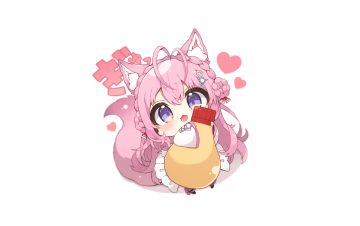 animal ears blush braids cat smile chibi fang food hakui koyori heart hololive long hair muuran pink hair signed tail third-party edit white