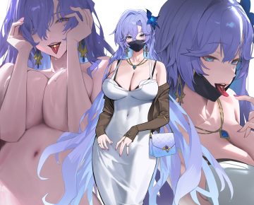 blue eyes bra breast hold breasts cantarella (wuthering waves) cleavage cropped dress hood (james x) long hair mask necklace nude purple hair underwear wuthering waves