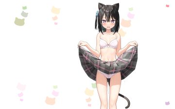 animal ears black hair blush bra catgirl kantoku original panties purple eyes school uniform see through shizuku (kantoku) short hair skirt lift tail tears third-party edit underwear wet white