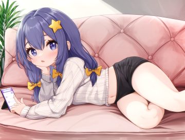 blue eyes blue hair blush bow comodomodo couch loli long hair navel original phone shorts signed