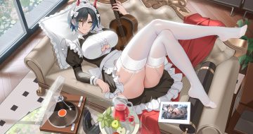anthropomorphism apple apron azur lane black hair breasts couch dress drink flowers food friedrich der grosse (azur lane) fruit garter belt guitar headdress horns instrument maid no bra short hair stockings ulrich von hutten (azur lane) underboob yellow eyes yijiufantexi