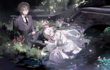 black hair butterfly dress flowers grass gray eyes long hair male purple eyes short hair signed suit tie twice12314 water white hair