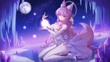 animal ears bow breasts choker cleavage foxgirl garter belt halo leotard long hair magic moon necklace night original pink hair pong (vndn124) signed skirt sky stars stockings tail yellow eyes