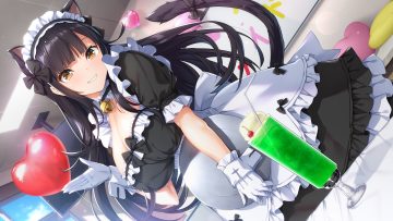 animal ears apron bell black hair bow breasts brown eyes cherry choker cleavage dress drink food fruit game cg girls frantic clan gloves headdress higaki eiko ice cream long hair maid tail waitress yaegashi nan