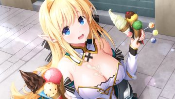 blonde hair blue eyes bow breasts candy cherry cleavage close food fruit game cg girls frantic clan ice cream lollipop long hair nijou towa pointed ears yaegashi nan