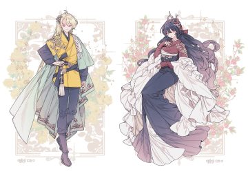 black hair blonde hair boots bow cape dress flowers japanese clothes lemon89h long hair male original purple eyes red eyes signed
